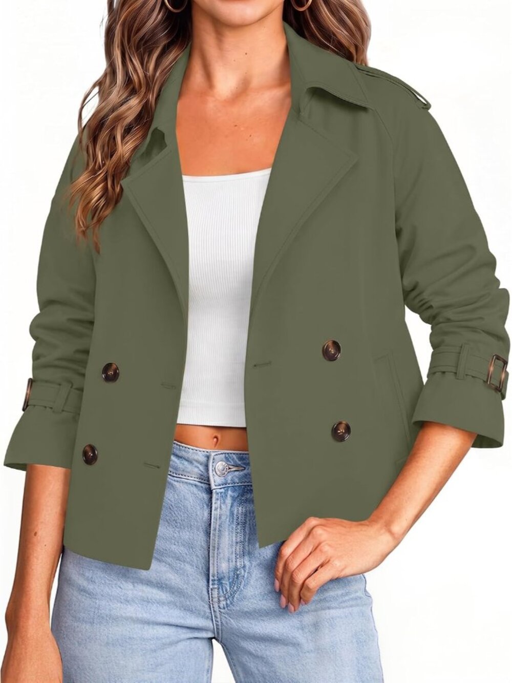 Women's Olive Cropped Double Breasted Raglan Sleeve Notched Lapel Trench Coat